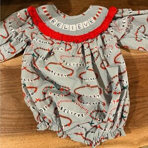 Girls Christmas  'Believe' One-Piece Romper in Light Blue with Red Trim